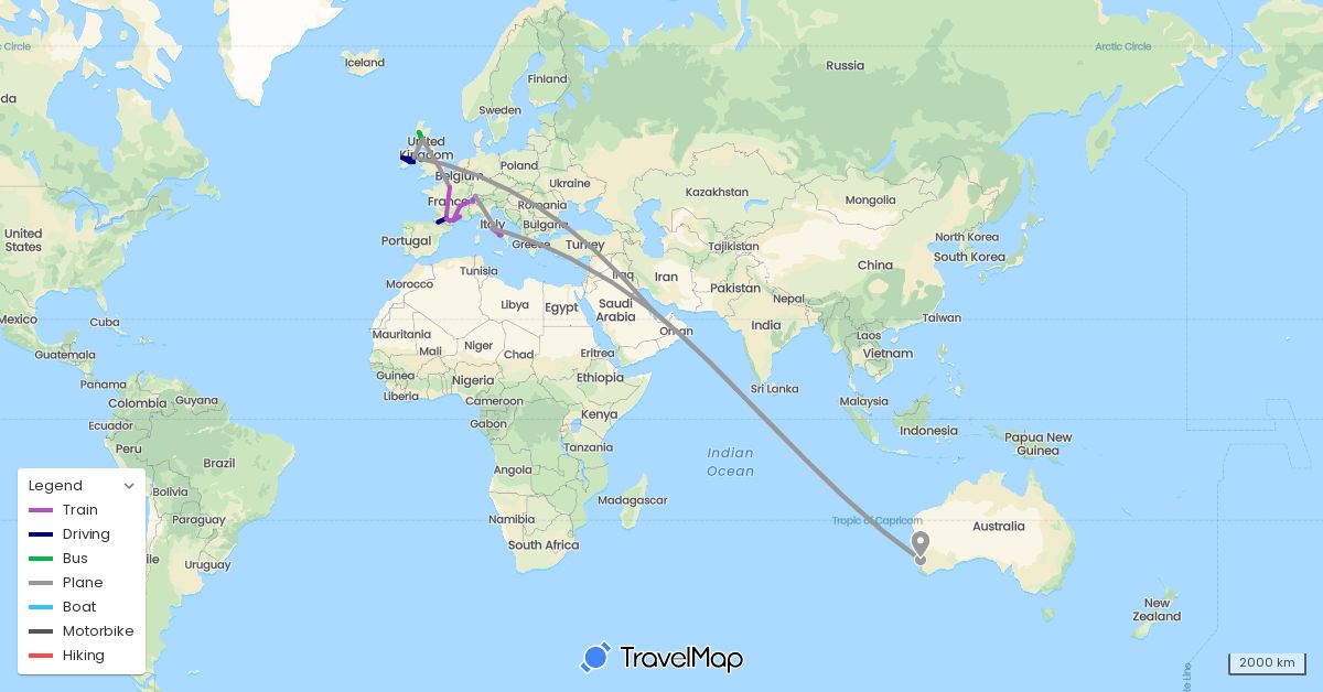 TravelMap itinerary: driving, bus, plane, train, hiking, boat, motorbike in Australia, Switzerland, France, United Kingdom, Ireland, Italy, Qatar (Asia, Europe, Oceania)
